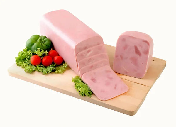 Block Ham Slices Wooden Board Clipping Path — Stock Photo, Image