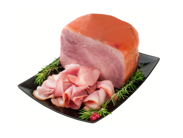 Bulk Bacon Ham Slices Wooden Board Clipping Path — Stock Photo, Image