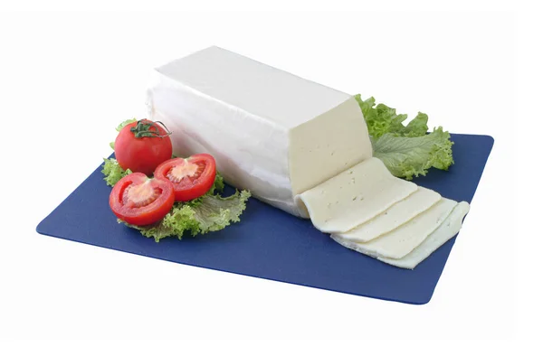 Block Semi Hard Cheese Wooden Board Clipping Path — Stock Photo, Image