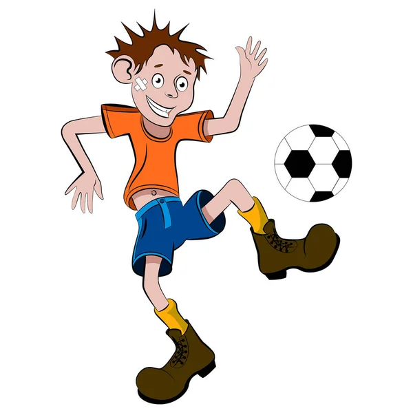 Tousled Teenager Soccer Ball Band Aid His Face Vector Illustration — Stock Vector