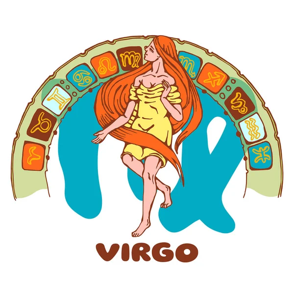 Horóscopo Virgo Ilustración Colorida Una Niña Fondo Semicírculo Con Símbolos — Vector de stock