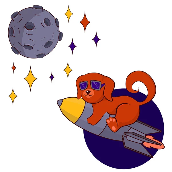 棕色的狗骑着火箭向月亮飞去 矢量说明 — 图库矢量图片