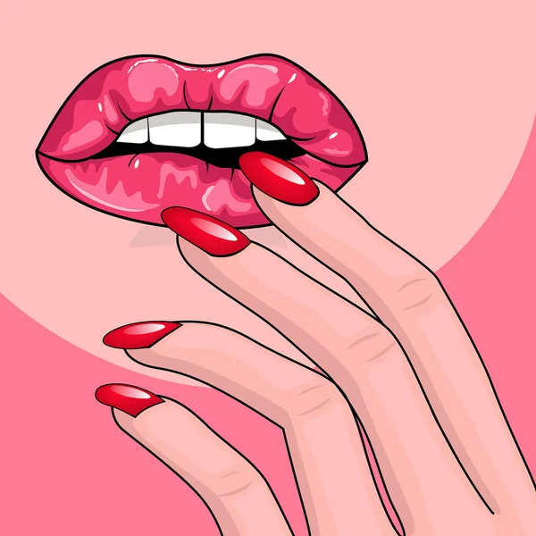 Mulut Terbuka Gadis Dengan Jari Jari Dekat Bibir Lipstik Mengkilap - Stok Vektor