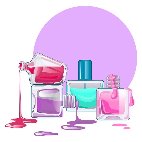Ein Satz Nagellack Tropfende Farbe Aus Glasflaschen Nagelstudio Hintergrund Für — Stockvektor