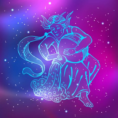 Kova takımyıldızı. Antika elbiseli genç bir adam ve bir sürahi. Parlak çizgileri olan minimalist bir model. Vektör illüstrasyonu