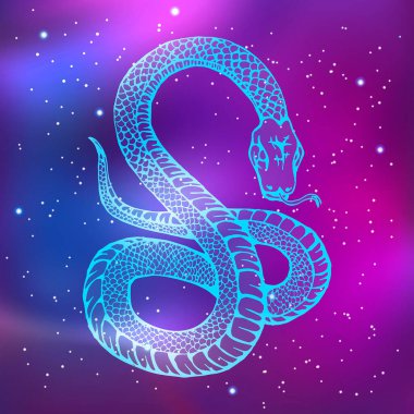 Yılan yılı, yılan. Zodiac hayvanları. Yeni bir çizim değil. Parlak renkli gökyüzü. Vektör illüstrasyonu