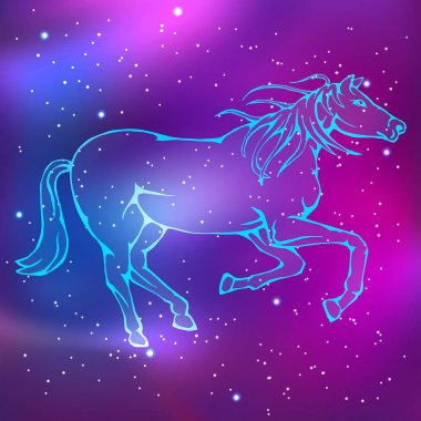 Zodiac. Çin burcu. At görüntüsü. Yıldızlı gökyüzü. Vektör illüstrasyonu.
