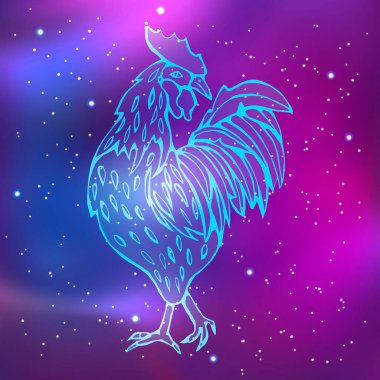 Yıldızlı gökyüzünün arka planına karşı neon horozu. Çizgi çizme. Doğu burcu, burç burcu. Vektör illüstrasyonu