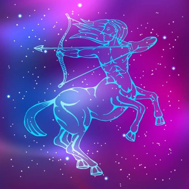 constellation Sagittarius. Centaur with bow. Zodiac mythological animals. Minimalistic pattern with glowing lines. Vector illustration clipart