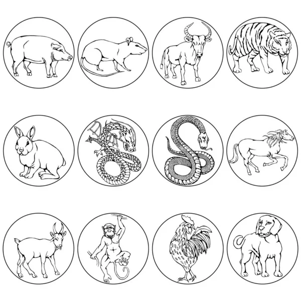 Oosterse Horoscoop Dieren Getekend Door Zwarte Lijnen Vectorillustratie — Stockvector