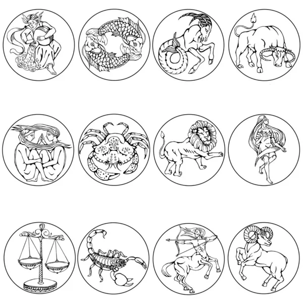 Zodiac Tanda Ditetapkan Ilustrasi Linear Hewan Dan Simbol Sifat Dan - Stok Vektor