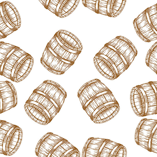 Seamless pattern of wood barrels for wine or whiskey. Vector illustration