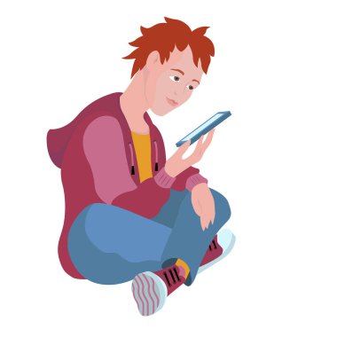 Elinde telefon olan kızıl saçlı bir genç. Spor ayakkabıları ve kapüşonlu bir kazakla. Katlanmış bacaklarla oturuyor. Vektör illüstrasyonu.