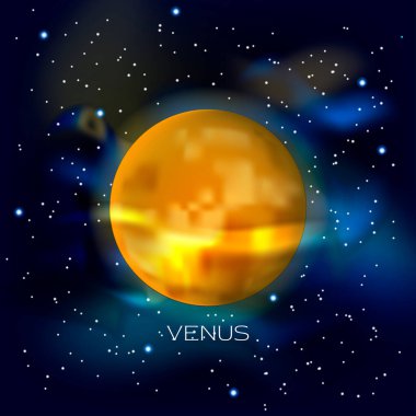 Dış uzayın arka planında, yıldızlar ve kozmik tozlarla dolu Venüs gezegeni. Vektör illüstrasyonu