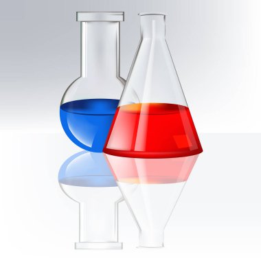 Renkli sıvılı iki tıbbi test tüpü. Mavi ve kırmızı reaksiyonlu cam eşyalar. Bilimsel, kimyasal ve biyolojik deneyler. Yansıma camı pürüzsüz yüzey. Vektör illüstrasyonu.