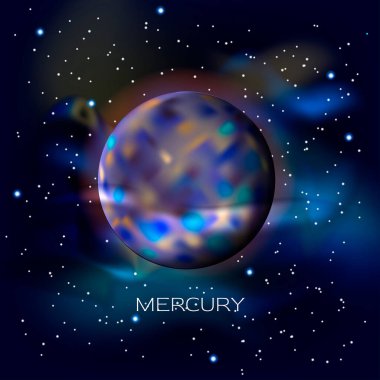 Uzayın arka planında yıldızlı ve kozmik tozlu civa. Vektör illüstrasyonu