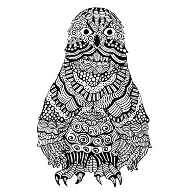 Süslerle süslenmiş zengin bir baykuş. Meditasyon boyama kitabı. Zentangle kuşu. Vektör illüstrasyonu.
