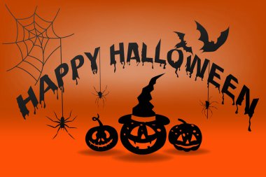 Kan damlalı Cadılar Bayramı yazıtınız kutlu olsun. Yarasalar, örümcekler ve balkabaklarıyla. Beyaz bir arka planda. Siyah siluetler. Vektör illüstrasyonu.