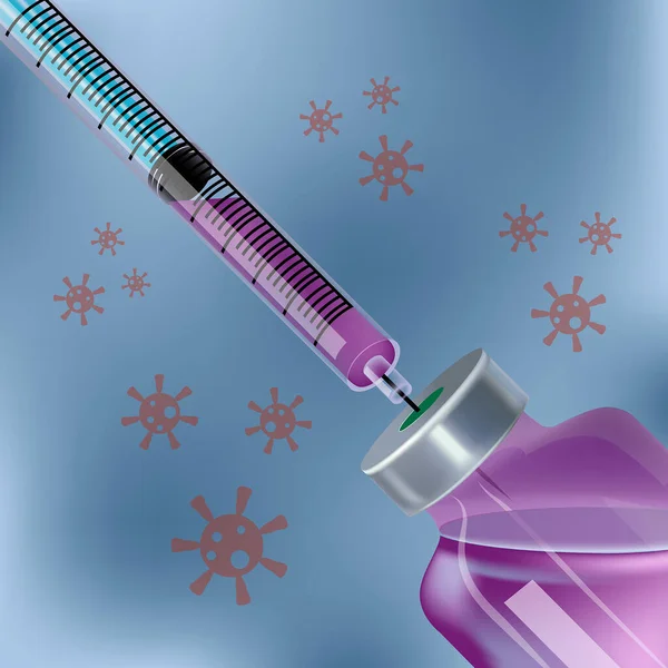 stock vector Vaccine covid 19. Syringe and glass bottle with purple liquid. On a blurred background. Dose for vaccination against the virus. Vector illustration.