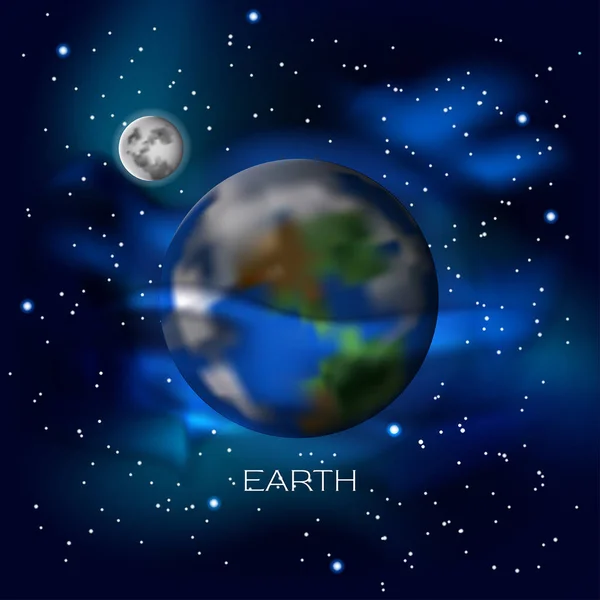 Planeta Tierra Con Satélite Luna Polvo Cósmico Estrellas Ilustración Vectorial — Vector de stock