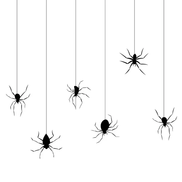 Verschiedene Spinnen Hängen Netz Schwarze Silhouetten Gruseliger Insekten Hintergrund Für — Stockvektor