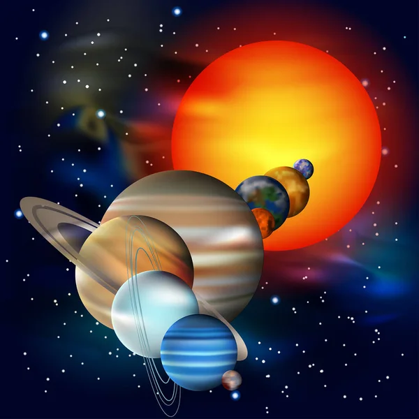 行星的游行 太阳系的行星是在太阳 外太空 恒星和宇宙尘埃的背景下排列在一起的 矢量说明 — 图库矢量图片