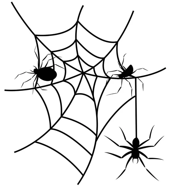 Τρεις Αράχνες Υφαίνουν Έναν Ιστό Μαύρες Σιλουέτες Εντόμων Εικονογράφηση Διανύσματος — Διανυσματικό Αρχείο