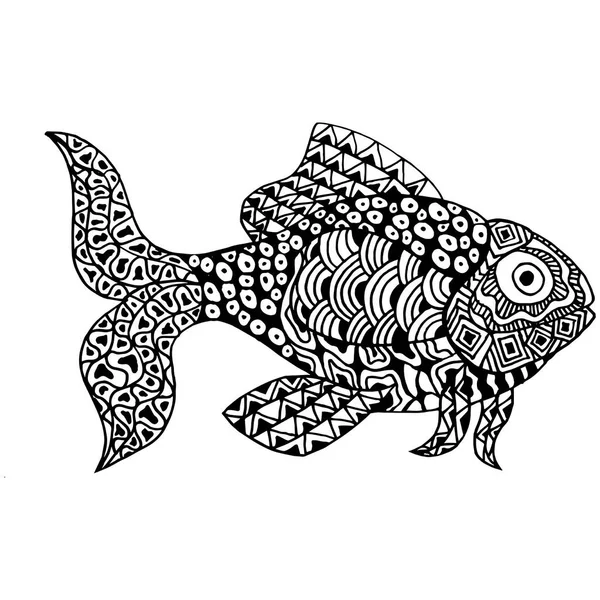 Fish Drawn Black Line Stylized Sea Animal Ornament Zentangle Zendugl — Stock Vector