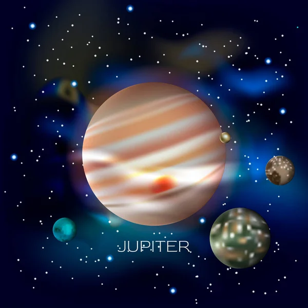 木星和它的卫星Europa Ganymede Callisto 在有星星和宇宙尘埃的外层空间背景下 矢量说明 — 图库矢量图片