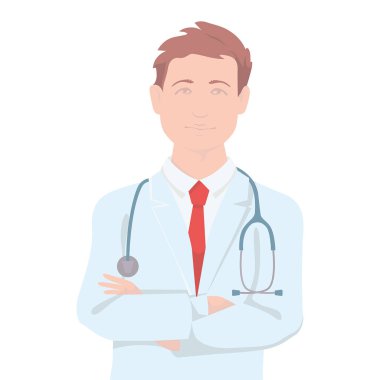 Çapraz kollu ve kırmızı kravatlı bir erkek doktor. Vektör düz resimleme