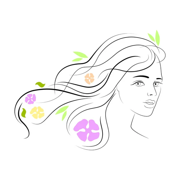 Дівчина Квітами Кучерявому Волоссі Обличчя Профілі Мінімалістичними Лініями Векторні Ілюстрації — стоковий вектор