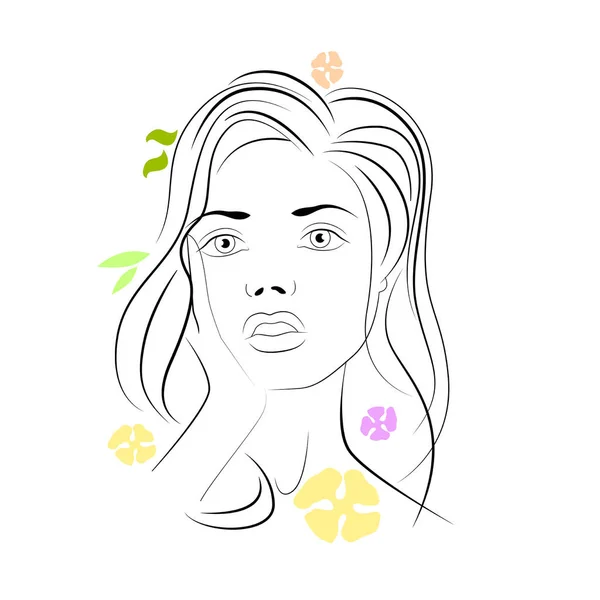 Porträtt Flicka Svart Linje Med Färgade Blommor Ansiktet Yas Med — Stock vektor