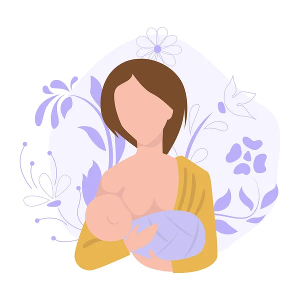 Mujer Amamantando Niño Ilustración Plana Con Flores Decoradas — Archivo Imágenes Vectoriales