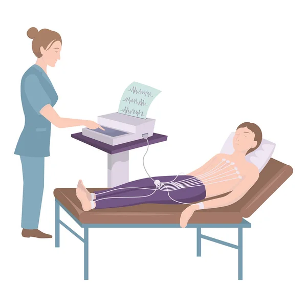 Ecg装置 看護師が診察します 患者はベッドの上に横になっている ベクトル平図 — ストックベクタ