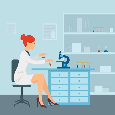 İş yerindeki kadın laboratuvar asistanı ellerinde mataralarla. Vektör illüstrasyonu