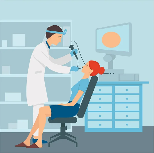 Otolaryngologist Examines Woman Nose Doctor Office Medical Equipment Vector Illustration — Διανυσματικό Αρχείο