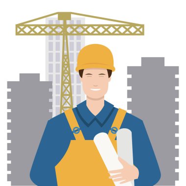 Builder engineer on the background of a construction site with a crane. Vector flat illustration