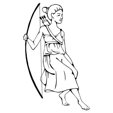 artemis with a bow, in Greek chiten. Black minimal line drawing. Vector illustration