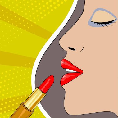 Background with female profile and red lipstick in pop art style. Vector illustration