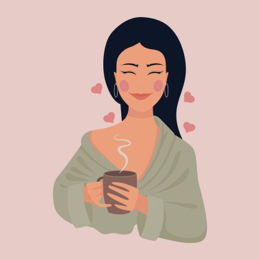 Concept happy girl with a cup of coffee. Poster for a coffee shop. Vector illustration