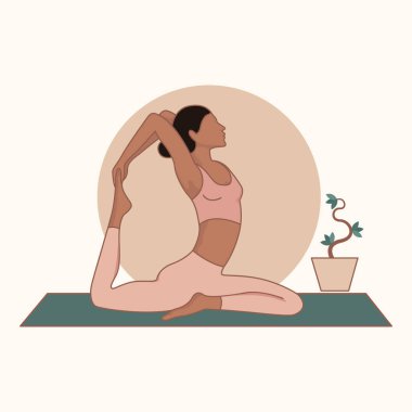 The girl is doing yoga on a karemat against the backdrop of the sun. Vector flat illustration