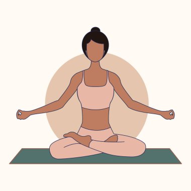A woman sits in a lotus position with her arms spread out to the sides against the backdrop of the sun. Banner, postcard, yoga advertisement. Vector flat illustration