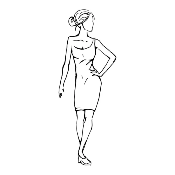 短いタイトなドレスを着た女の子の姿 黒い線 マーカー 線画で描く ベクターイラスト — ストックベクタ