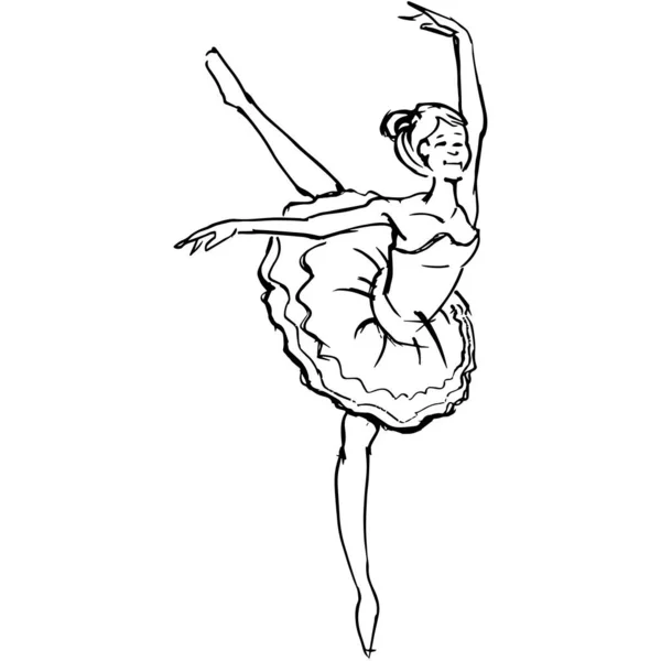 運動中のバレリーナは足を上げて 黒い線で描かれています 最小限のアウトライン描画 ベクターイラスト — ストックベクタ