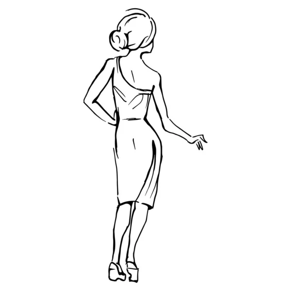Silhueta Uma Figura Feminina Vestido Tarde Visão Traseira Desenho Linha — Vetor de Stock