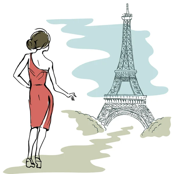 Une Fille Robe Rouge Sur Fond Tour Eiyel Dessin Dessin — Image vectorielle