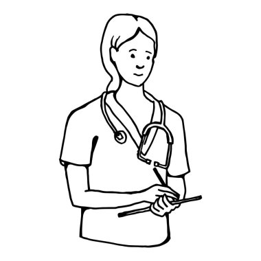 Boynunda steteskop ve elinde tabletle kadın bir doktorun soyut, minimalist çizimi. Çizgi çizimi, çizgi sanatı. Vektör illüstrasyonu