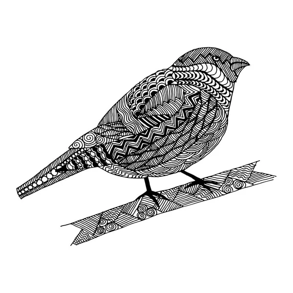 Bullfinch Branch Zintagl Style Ethnically Decorated Bird Drawing Black Lines — Stock Vector