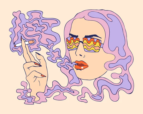 Menina Óculos Psicadélicos Com Cigarro Numa Nuvem Fumo Hippie Ilustração — Vetor de Stock