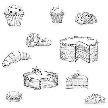 Pasta çizimleri seti. Tatlı tatlı. Mutfak, mutfak ya da ambalaj için tasarım. Vektör illüstrasyonu